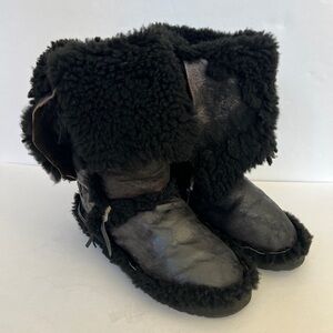 Handmade by Phil USA Malibu Cowboy Boots Size 8.5/9 Black Sherling Fur Pull On